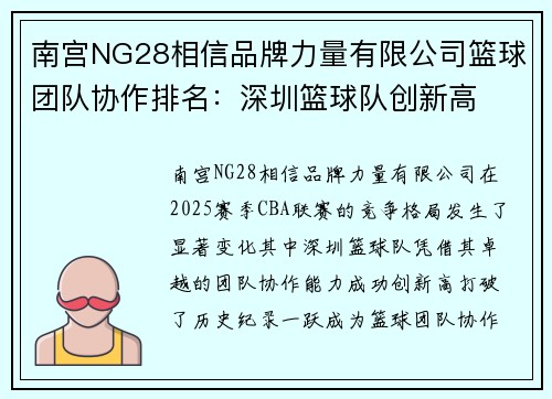 南宫NG28相信品牌力量有限公司篮球团队协作排名：深圳篮球队创新高