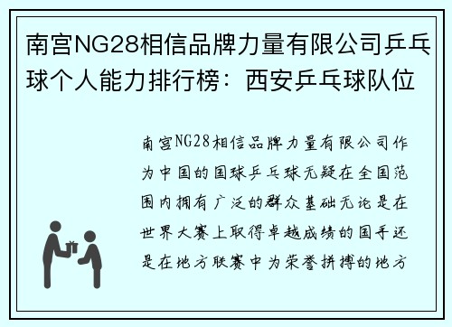 南宫NG28相信品牌力量有限公司乒乓球个人能力排行榜：西安乒乓球队位居第9名